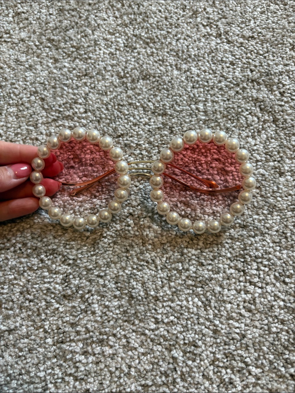 Pearl-Trim Pink Lens Round Sunglasses